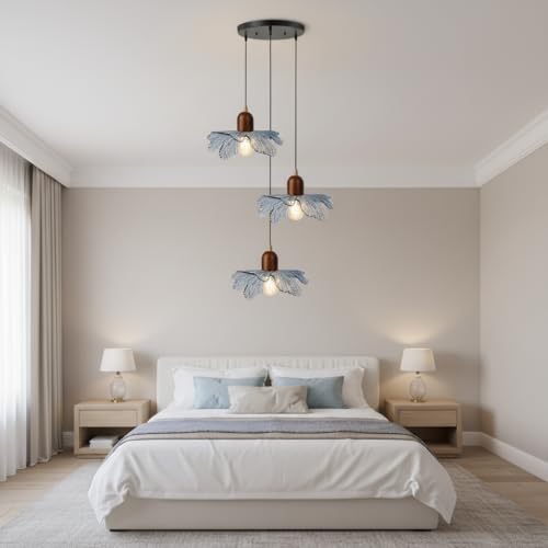 3-Light Blue Floral Pendant Light, Adjustable Hanging Light Fixture | Adjustable 59" Cord, Wood & Glass Construction, Ideal For Kitchen Islands, Dining Rooms, Bedrooms, Living Rooms, Apartments - color: Blue, 3 Lights