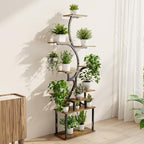 Plant Stand Indoor with Grow Lights - 9-Tier Curved Plant Stand, Tall Metal and Wood Indoor Plant Shelf with Unique Arched Design, Multi-Tier Flower Pot Holder Rack with Waterproof Finish, 63" Tall for Living Room, Balcony, and Garden - size: 3C