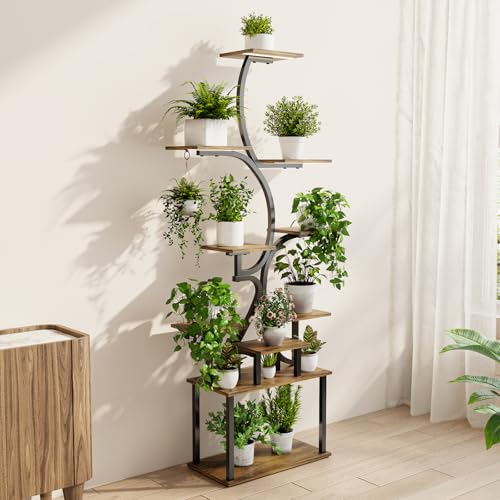 Plant Stand Indoor with Grow Lights - 9-Tier Curved Plant Stand, Tall Metal and Wood Indoor Plant Shelf with Unique Arched Design, Multi-Tier Flower Pot Holder Rack with Waterproof Finish, 63" Tall for Living Room, Balcony, and Garden - size: 3C