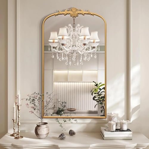 Besdomus Large Vintage Arched Mirror: 24"x42" French Arch Gleaming Gold Antique Wall Mounted Mirror - Traditional Ornate Home Decor for Entryway/Fireplace/Bathroom - Ideal for Bathroom Remodeling - color: Gleaming Gold, size: 42"L x 24"W