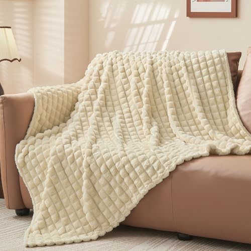 BEDELITE Beige Blanket Twin Size for Bed- Super Soft Lightweight 3D Checkered Fluffy Fuzzy Fleece Blanket, Luxurious Plush Cozy Blanket for Room Home Decor, Gift for Women, 60x80 inches - color: Beige, size: Twin(60"x80")