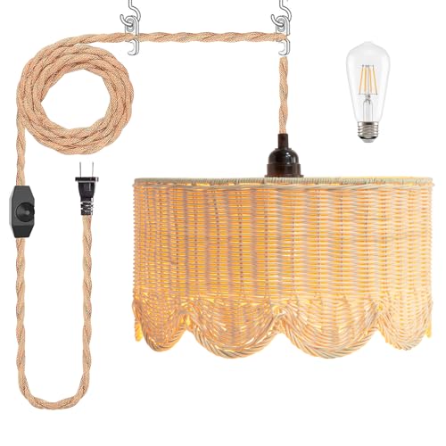 13" Plug in Scalloped Pendant Light, Rattan Hanging Lights with Plug in Cord 15FT Hemp Rope Cord, Dimmable Switch – Indoor Hanging Lamps for Boho Living Room Bedroom (Bulb Included)