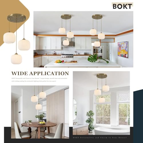 BOKT White Pendant Lights Kitchen Island 3 Light Globe Cluster Pendant Light Large Ribbed Glass Cluster Chandelier Gold Vintage Adjustable Hanging Light Fixture for Sink Dining Room - color: Milk White 3-Light