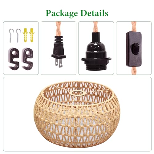 Plug in Pendant Light Rattan Hanging Lamp Pendant Light with on/Off Switch Rattan Woven Shade Hanging Lamp Plug in for Living Room Bedroom Farmhouse - color: Drum