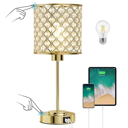 GyroVu Crystal Table Lamp for Bedroom, Touch Control Bedside Lamp with USB-C+A Ports, Dimmable Gold Bedside Lamp with Bulb, Nightstand Lamp Modern Light for Living Room - color: Gold, size: 17"