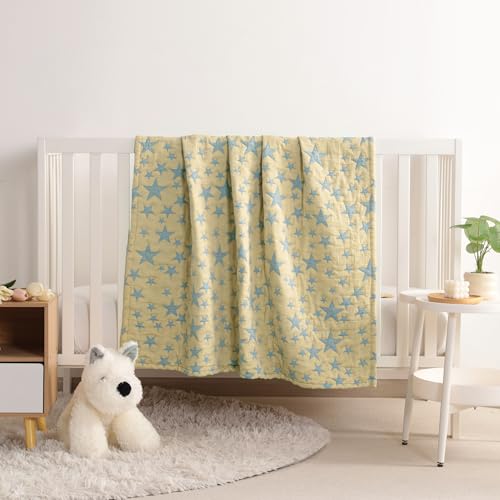 NTBAY 3 Layer Toddler Blanket, Muslin Cotton Jacquard Bed Blankets, Lightweight Thermal Baby Blanket, Super Soft and Warm Crib Blanket for All Seasons, Decoration Gift, 30"x40", Blue and Yellow Star - color: Blue and Yellow Star, size: 30x40 Inch (Pack of