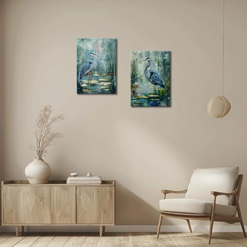 2 Panel Bird Wall Art Blue Heron Pictures Framed Bird Prints Artwork Heron in the Pond Natural Print Painting for Living Room Bedroom Office Wall Decor - color: Green, size: 24"L x 16"W