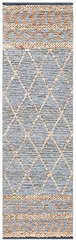 SAFAVIEH Natural Fiber Collection Runner Rug - 2'3" x 8', Natural & Blue, Handmade Boho Moroccan Trellis Jute, Ideal for High Traffic Areas in Living Room, Bedroom (NF955N) - size: 2'3" x 8' (Runner)