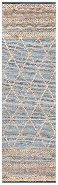 SAFAVIEH Natural Fiber Collection Runner Rug - 2'3" x 8', Natural & Blue, Handmade Boho Moroccan Trellis Jute, Ideal for High Traffic Areas in Living Room, Bedroom (NF955N) - size: 2'3" x 8' (Runner)