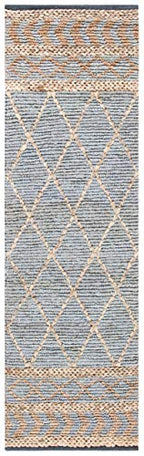 SAFAVIEH Natural Fiber Collection Runner Rug - 2'3" x 8', Natural & Blue, Handmade Boho Moroccan Trellis Jute, Ideal for High Traffic Areas in Living Room, Bedroom (NF955N) - size: 2'3" x 8' (Runner)