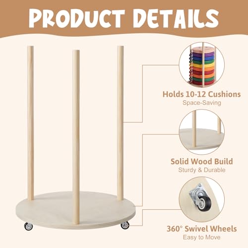 Mobile Floor Cushion Storage Cart for 15 Inch Round Sit Mats, Solid Wood Organizer with Smooth Rolling Casters, Classroom Flexible Seating Tidy Trolley for Daycare Preschool Home