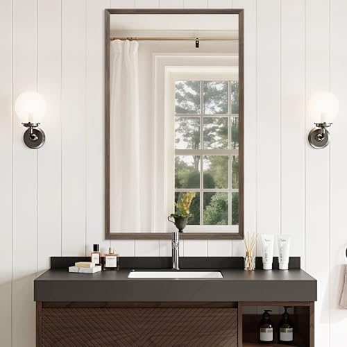 Walnut Wood Bathroom Mirrors for Wall Mounted, 40" x 24" Rectangle Rustic Wood Framed Wall Mirror, Decorative Farmhouse Mirror for Bathroom, Bedroom, Entryway, Horizontally/Vertically - color: Walnut, size: 40"L x 24"W