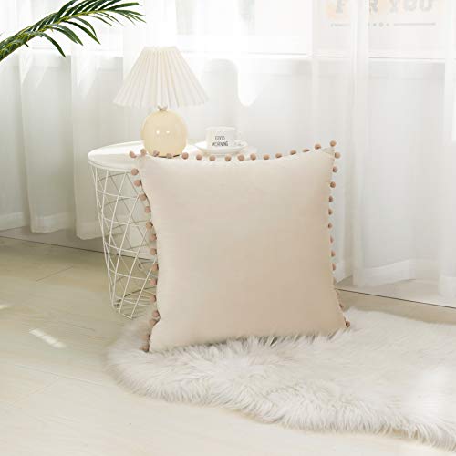Elegant Comfort POM-POMS Fringe Velvet Cushion Covers Set of 2, Velvet Soft Solid Decorative Square Throw Pillow Covers Set Cushion Case for Couch Bed, Livingroom 18 x 18 Inch (45 x 45 cm), Cream - color: Cream, size: 18" x 18" (Pack of 2)