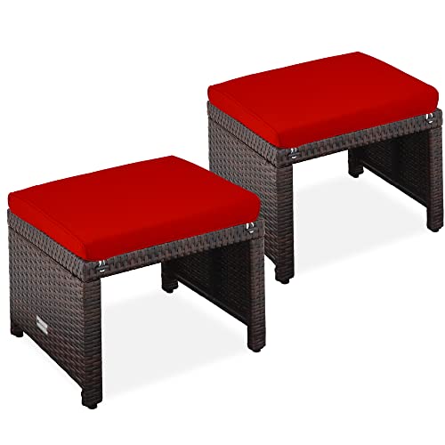 Best Choice Products Set of 2 Wicker Ottomans, Multipurpose Outdoor Furniture for Patio, Backyard, Additional Seating, Footrest, Side Table w/Removable Cushions, Steel Frame - Brown/Red - color: Brown/Red