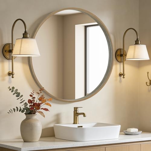 WallBeyond Round Wood Mirror, 36" Round Modern Decoration Large Circle Wall Mirror for Bathroom Living Room Bedroom Entryway, Honey - color: Honey, size: 36"L x 36"W
