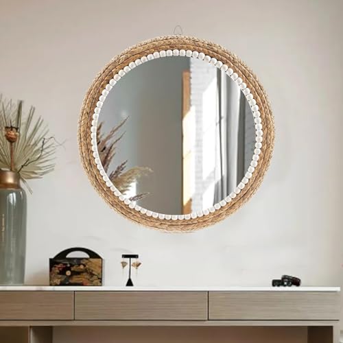 22 Inch Boho Style Decorative Mirror, Round Rattan Wall Hanging Mirror, Nature Rattan Woven Round Mirror, Makeup, Dressing Mirror, Suitable for Dressing Room, Living Room, Bedroom, Farmhouse