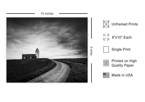 Monem Art Stone Church Under a Cloudy Sky Print - Trans Kirke Lemvig Poster - Landscape Art - Monochrome Office or Bedroom Decor - 8x10 Unframed Wall Art by Adam Dauria - color: Style-10, size: 8"L x 10"W