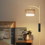 Ambimall Arc Floor Lamp for Living Room with Remote, Color Temperature & Brightness Adjustable, Boho Standing Lamp with Rattan & Fabric Double Drum Shades, Bulb Included(Gold) - color: Gold Rustic