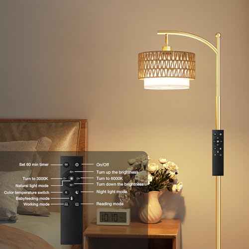 Ambimall Arc Floor Lamp for Living Room with Remote, Color Temperature & Brightness Adjustable, Boho Standing Lamp with Rattan & Fabric Double Drum Shades, Bulb Included(Gold) - color: Gold Rustic