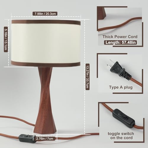 Boho Table Lamps for Bedrooms Set of 2-13" Wooden Spiral Base & Linen Shade - 3 Color Temps (2500K-4500K) LED Bulbs Included - for Bedroom, Office, Dorm, Nursery