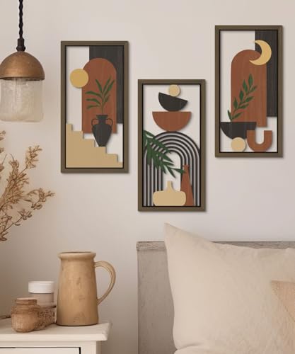 Putuo Decor Boho Wall Art Set of 3 Modern Minimalist Wooden Wall Decor Abstract Terracotta Room Decorations Mid Century Artwork for Living Room Bedroom Office in Terracotta Noir 16.5 x 8.6 Inch - color: Terracotta Noir
