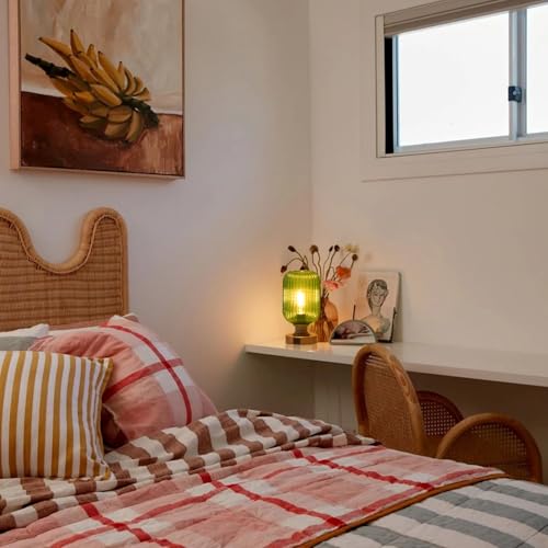 Mid Century Glass Table Lamp,Dimmable Desk Lamp,LED Bulb Included,Touch Control & USB A+C Port,Green Ribbed Glass - color: Green Ribbed, size: USB + Touch