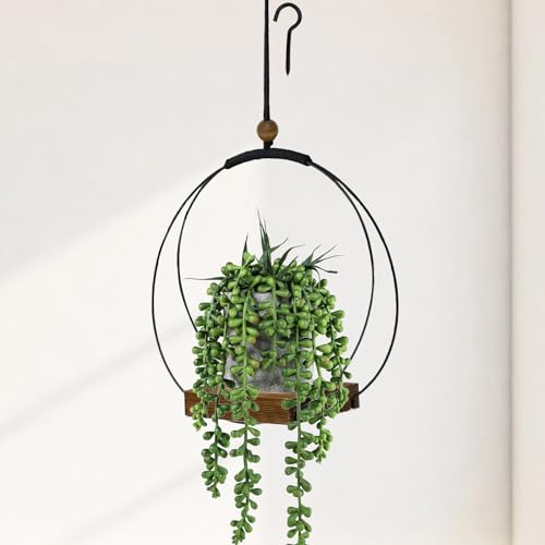 Adnkwolivt Hanging Planter for Indoor Plants - Outdoor Plant Hanger, Mid Century Metal Plant Hanger, Indoor Conner Ceiling, Gift for Mom, Plant Lovers, Housewarming - color: Black Metal/Walnut Wood Base, size: 1 Pack