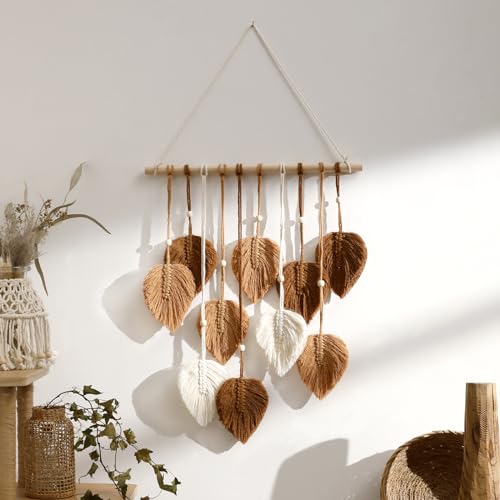 Artilady Macrame Tapestry Wall Hanging - Hand Woven Boho Tapestry Fall Leaves Wall Decor, Small Tassels Brown Yarn Hanging Ornament Decor for Bedroom Living Room Dorm - color: Burnt Brown
