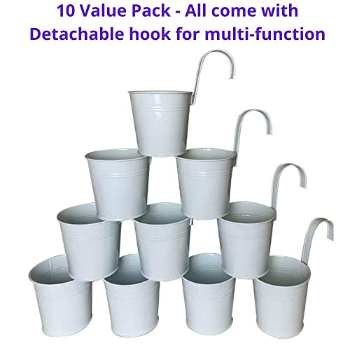 LaLaGreen 6 Inch Hanging Planter Iron - 10 Pack, White Large Metal Flower Pot Over Rail Balcony Railing Hanging Buckets for Plants Outdoor Fence Wall Herb Garden Succulent Outside Deck Patio Porch - size: 6 Inch (White)