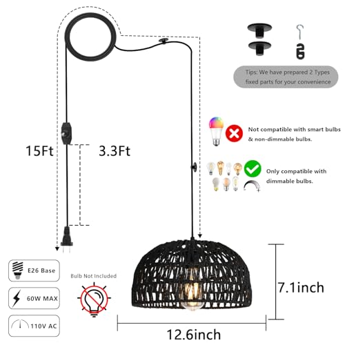 HuisMier Rattan Hanging Lamp Plug in Pendant Light, 15 Ft Hanging lamp with Wicker Woven Basket Lampshade, Dimmable Boho Hanging Lamp for Dining Room Living Room Bedroom, Black - color: Rattan Black