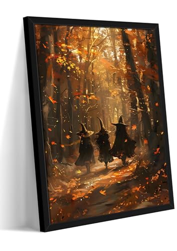 Framed Halloween Witch Wall Art - Autumn Forest Witch Canvas Print, Vintage Gothic Dark Academia Halloween Wall Decor, Spooky Fall Artwork for Bedroom Living Room Home 8x10in Wood Frame - color: Witch, size: 10"L x 8"W