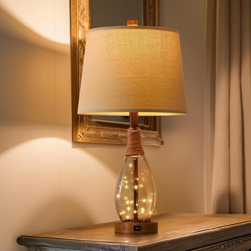 OYEARS 23" USB A+C Table Lamp for Bedroom Living Room Modern Bedside Lamps Retro Farmhouse Rattan Glass Nightstand Nightlight Lamps,Two Light Points - color: Antique Brown