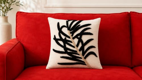 Coastal Growth Decorative Throw Pillow Cover | Tufted Botanical Design | Handmade Artisan Accent Pillow | Neutral Cream & Black Modern Organic Home Decor | 16in x16 in | Obsidian Reed