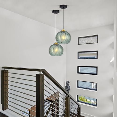 Mikeru 2-Pack Mint Glass Pendant Lights Kitchen Island Lighting Single Globe Pendant Light Fixtures Century Modern Kitchen Island Pendant Lighting for Bedroom Living Dining Room Light (Without Bulbs) - color: Mint-1 Light-2PC