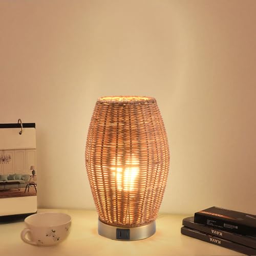 Boho Style Rattan Table Lamp,Dimmable Bamboo Desk Lamp,Touch & USB Charger Port,Oven Brown Rattan - color: USB + touch