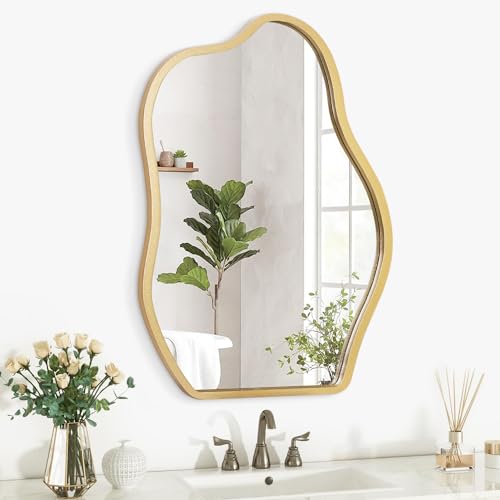 Gold Irregular Mirror for Wall Decor - Modern Asymmetrical Wooden Framed Wavy Mirror - Decorative for Living Room, Bedroom, Bathroom, Entryway - Gray - color: Gold, size: 26"L x 18"W