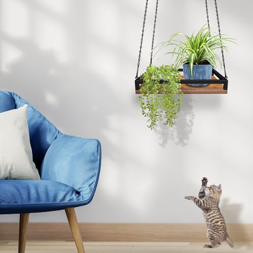 Plant Hanger Indoor, 16" Wooden Hanging Plant Holder with Metal Frame Large Hanging Planter for Indoor Plants Load 50LB Hanging Plant Shelf with 27.6" Long Chain, Ideal for Heavier Pots Window Ceiling - size: Large