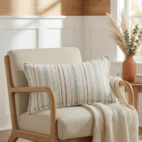 Mantle & Mason Boho Farmhouse Lumbar Pillow Covers 12x20 Set of 2, French Vintage Blush Pink Couch Pillow Covers, Jacquard Decorative Lumbar Pillow Cases for Living Room Decor - color: Stripe Blue, size: 20" x 12" (Pack of 2)