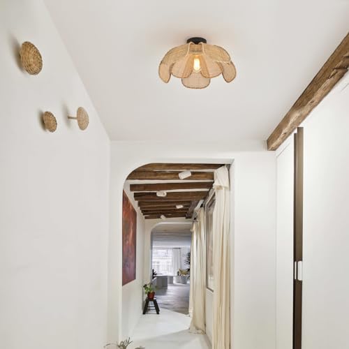22" Natural Rattan Flush Mount Ceiling Light Fixture， Hemp Rope Wicker Hand-Woven Boho Chandelier with Flower Lampshade for Porch Patio Hallway Bedroom Living Room Kitchen Island