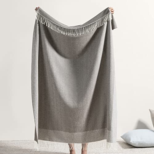 Lands Downunder All-Season, Luxury Mink Border Herringbone Throw – Soft Woven Throw with Decorative Fringe – Made in Italy – 51”W x 67”L - Perfect for Gifting - color: Mink