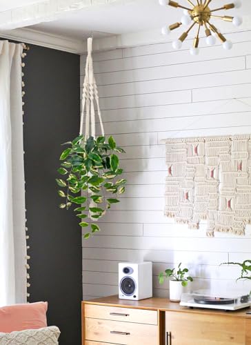 Briful Artificial Hanging Plant Indoor, Macrame Plant Hanger with Fake Pothos Plant in White Pot, Faux Hanging Plant for Home Ceiling Farmhouse Kitchen Decor - color: Pink Leaf