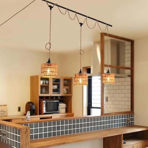 3-Light Hanging Light with Plug in Cord,Plug in Pendant Light 22ft Hemp Rope Pendant Lighting Vintage 3-Light Hanging Lamp Fixtures for Kitchen Island Living Room Bedroom - color: 3 Light 18CM Hemp Rope Shade
