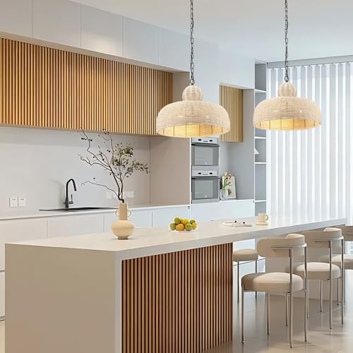 OCIOC Rattan Pendant Lighting,17.72" Kitchen Island Hanging Light Fixtures,Large Boho Hand-Woven Chanderlier, E26 Farmhouse Retro Ceiling Chandelier 3-Lights For Dining Room Kitchen Island Living Room - size: 17.7"