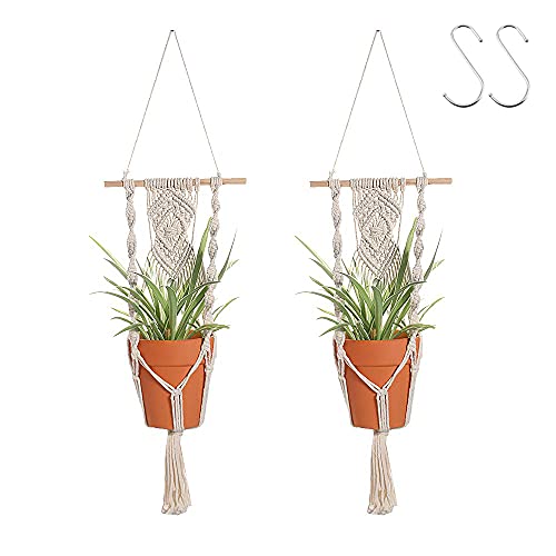 Artilady Boho Macrame Plant Hangers - Handmade Hemp Rope Hanging Baskets for Plants with Ceiling Hooks, Bohemian Home Decor Wall Art (White Wood Hanger-2pcs) - color: White Wood Hanger-2pcs