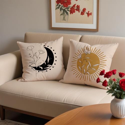 Boho Floral Plant Pillow Covers 18x18 Set of 2, Abstract Boho Throw Pillow Covers, Sun and Moon Decorative Pillow Covers for Couches and Sofas, Line Plant Pillow Cases, Sunshine Room Decor - color: Sunandmoon-04