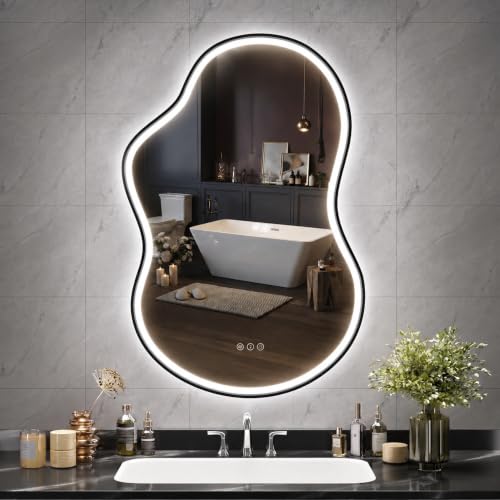 Hasipu Irregular Bathroom Mirror with Lights - 35"x24" LED Asymmetrical Mirror,Anti-Fog, Dimmable, Memory for Bathroom, Bedroom,Wall Mounted Home Decor Vertical/Horizontal - color: Black, size: 35.4"L x 23.6"W