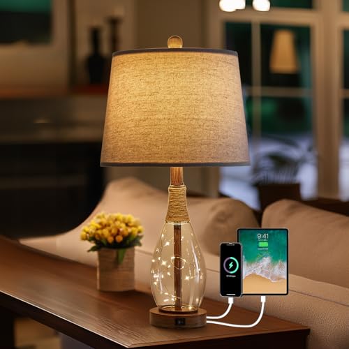OYEARS 23" USB A+C Table Lamp for Bedroom Living Room Modern Bedside Lamps Retro Farmhouse Rattan Glass Nightstand Nightlight Lamps,Two Light Points - color: Antique Brown