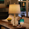 OYEARS 23" USB A+C Table Lamp for Bedroom Living Room Modern Bedside Lamps Retro Farmhouse Rattan Glass Nightstand Nightlight Lamps,Two Light Points - color: Antique Brown