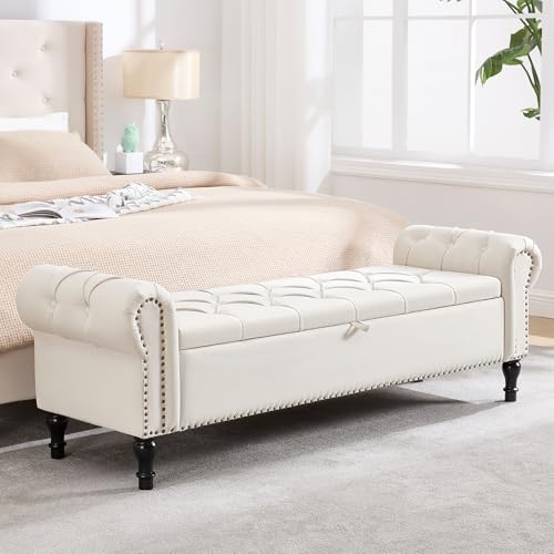 67 Inch Storage Bench for Bedroom, King Size End of Bed Bench, Upholstered Bench with Rolled Arms, Linen Tufted Button Storage Ottoman Benches, Living Room, Entryway, Beige - color: Beige, size: 67inch-linen