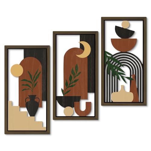 Putuo Decor Boho Wall Art Set of 3 Modern Minimalist Wooden Wall Decor Abstract Terracotta Room Decorations Mid Century Artwork for Living Room Bedroom Office in Terracotta Noir 16.5 x 8.6 Inch - color: Terracotta Noir